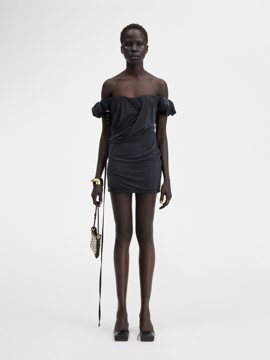 Jacquemus Ciceri Off-the-shoulder Draped Cupro Mini Dress In Black