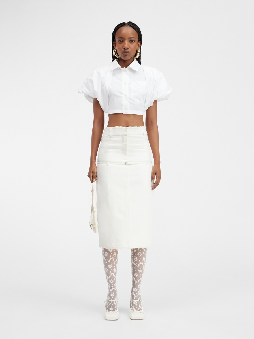 Jacquemus La Chemise Pavane Cropped Cotton-blend Shirt In White